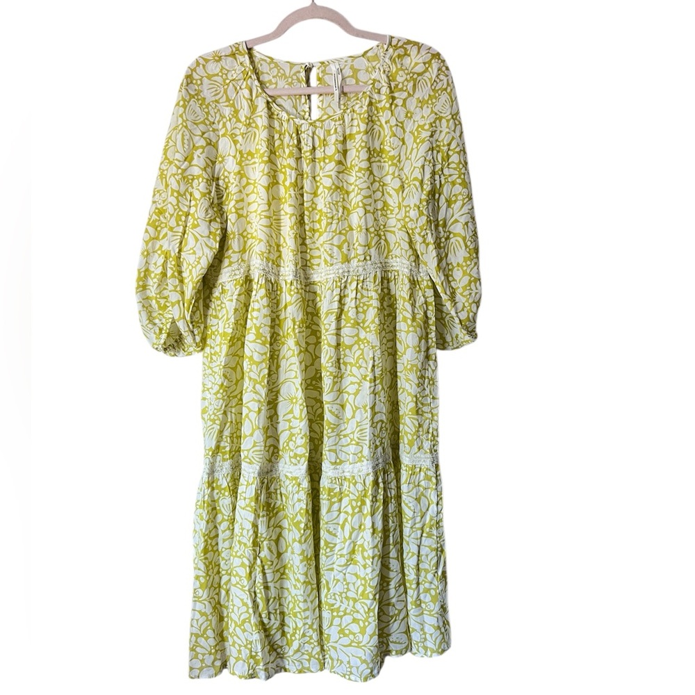 Anthropologie Yellow Floral Babydoll Tiered Midi Dress Small 3/4 Sleeve Boho